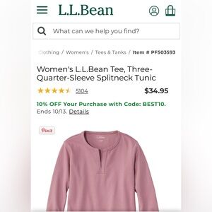 New with tags L.L. Bean Women's Splitneck Tunic - Mauve size L regular